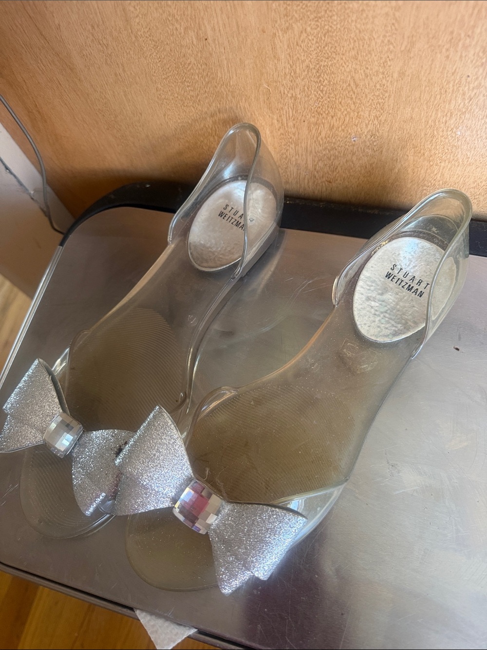 Stuart Weitzman Clear Jelly Flats with Silver Glitter Bow
